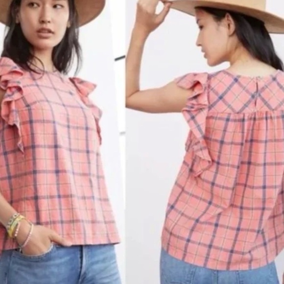 Anthropologie Tops - Anthropologie Amarette Coral Plaid Ruffled Pinafore Cotton Sleeveless Top Large